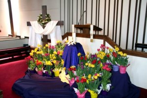 easter flowers on pulpit east hills moravian church